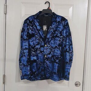 Mage Male  Baroque Black Velvet Blue Paisley Notched Lapel Slim Fit Jacket